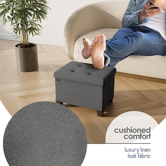 STORAGEBUD Storage Ottoman Cube with Small Bin, 16-in Square Ottoman with Storage for Living Room and Bedroom, Small Ottomans Foot Rest, Fabric Foot Stools Ottomans Max 330lbs, Grey