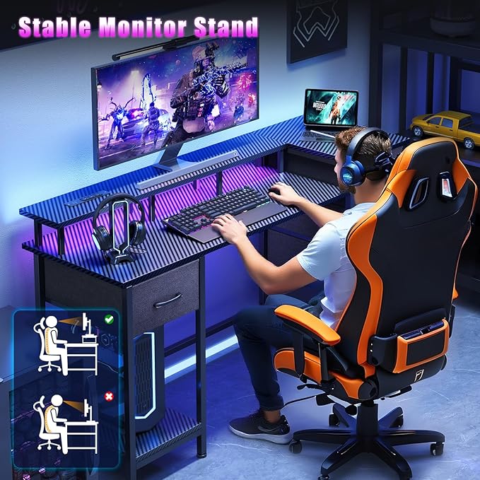 47 Inch Computer Gaming Desk with Power Outlets & LED Lights Reversible Home Office Desk with Adjustable 5 Fabric Storage Drawers for Working Writing Study, Carbon Fiber Black