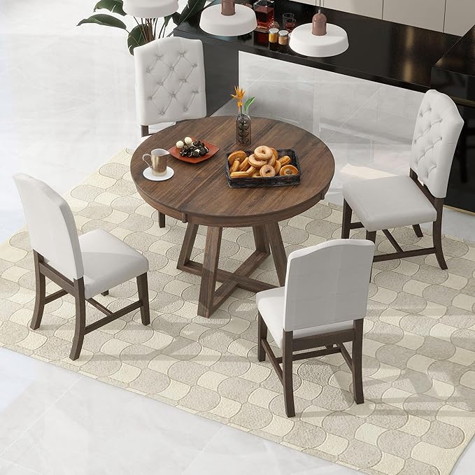 5 Pieces Dining Table Set with 42" Table,Living Room Furniture W/ 4 Upholstered Chairs,Tabletop Can be Adjusted from Round to Oval in Shape,for Restaurant,Home Bistro,Walnut