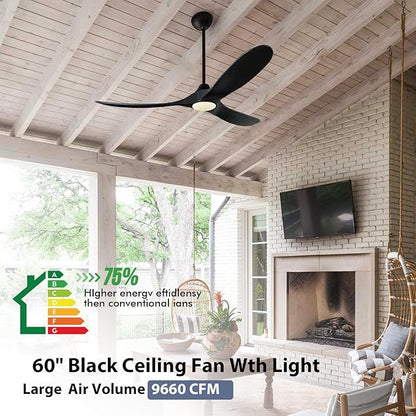 60 inch Black Ceiling Fan with Lights, Outdoor Ceiling Fans for Patios Damp Rated, Large Airflow Smart Propeller Ceiling Fan Modern Wooden Ceiling Fans for Commercial Indoor Exterior House Porch