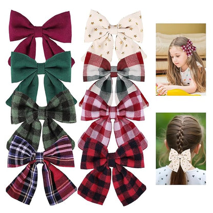 Obeoby Hair Bows with Hair Clips for Girls Toddlers, 8 Pcs Handmade 5" Floral Hair Accessories Red Bow for Kids 2-12 years Stocking Stuffers Christmas Gifts for Baby Teens Birthday School Party