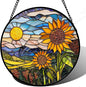 Stained Glass Suncatcher, Sunflower Flowers Landscape Sun Catcher Plant Mountains Stain Glass Window Hanging Decoration Mother's Day Birthday Gifts for Women Men Mom Nana 15 in