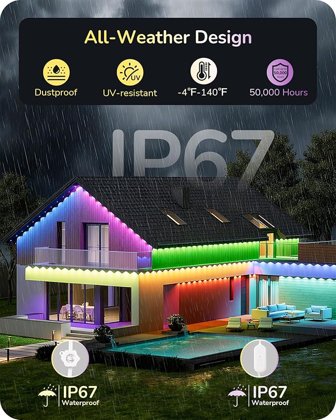 EDISHINE 100FT Cuttable Permanent Outdoor Lights for House, 60 RGBIC LED Eave Lights, APP/Voice/Remote Control, 111+ Scene Modes Outdoor Smart Lights, IP67 Waterproof for Party & Holiday Decor