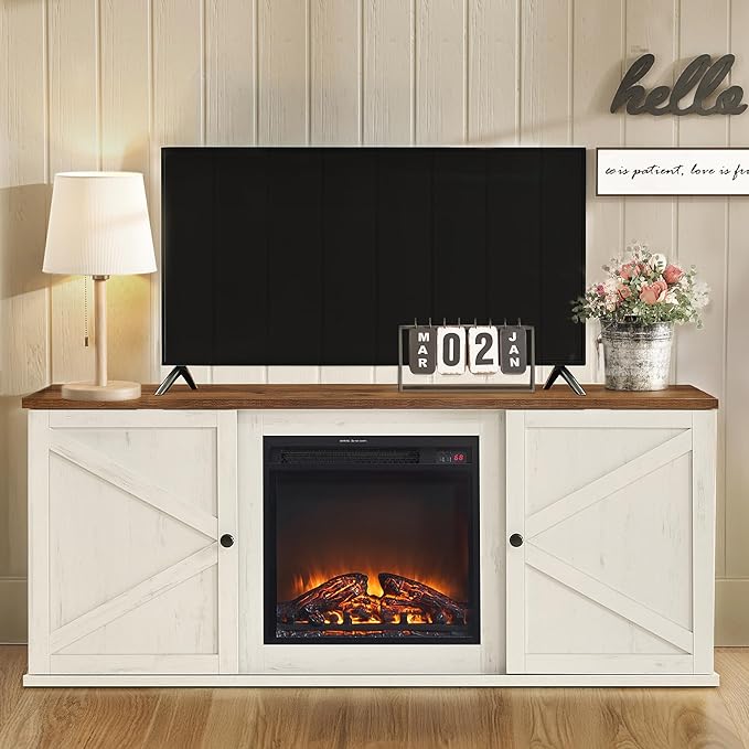 VASAGLE Fireplace TV Stand for TVs up to 65 Inches, 18-Inch ELectric Fireplace with Remote, Farmhouse Entertainment Center, Media Console Table for Living Room, Rustic White and Honey Brown ULTV540W01