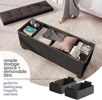 STORAGEBUD Storage Ottoman Bench with Bins, 43-in Storage Bench for Bedroom End of Bed, Folding Foot Rest Ottoman for Living Room Max 660lbs, Fabric Ottomans, Black
