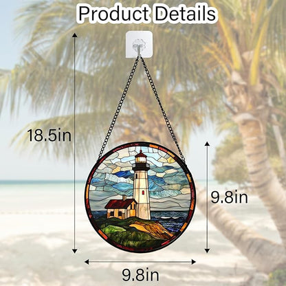 Stained Glass Window Hanging, Ocean Lighthouse Sun Catchers Glass Panel Blue Green Suncatcher Decor for Birthday for Women, Men, Wife, Aunt, and Mom 9.8 in