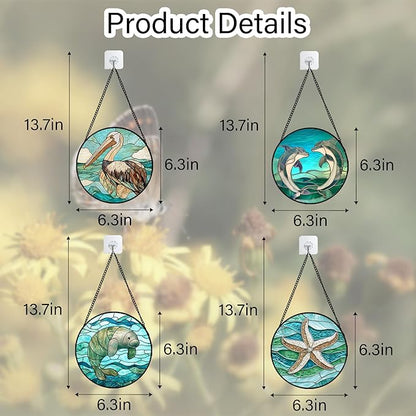 Stained Glass Window Hanging 4 Pcs Set Cyan Ocean Life Theme 6.3" - Sea Starfish Suncatcher Door Garden Sun Catcher Decor Birthday for Mom Woman Nana Men Friend