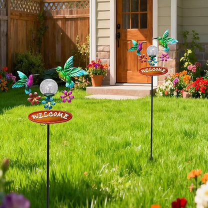 Solar Garden Stakes Metal Welcome Signs for Outside 29.7', 2 Flying Hummingbirds with Cracked Glass Ball,Decorative Garden Stakes for Lawn, Patio, Hummingbird Gifts for Women