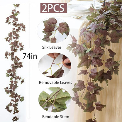 mizii 2 Strands Artificial Vines Ivy Garland 74" Fake Vine with Silk Green Leaves Faux Hanging Plants Greenery Decoration for Bedroom Home Wall Party Wedding Arch Apartment Room Decor (Purple Green)