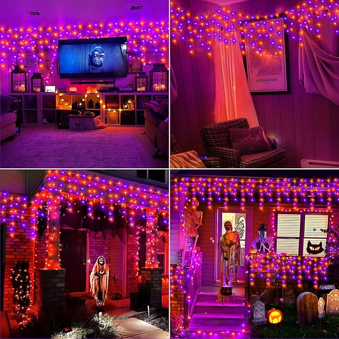 KNONEW Orange Purple Halloween Lights 33FT 400 LED String Lights Outdoor with 75 Drops, 8 Lighting Modes, Timer Memory Function Connectable Hanging Curtain Lights for Halloween Party Decor