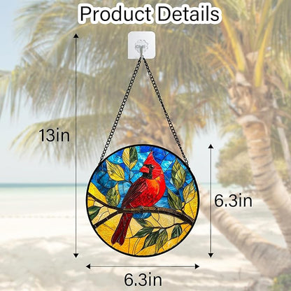 Stained Glass Window Hanging, Blue Sky Cardinal Sun Catchers Colorful Glass Panel Red Birds Suncatcher Decor for Birthday for Women, Men, Wife, Aunt, and Mom 6.3 in