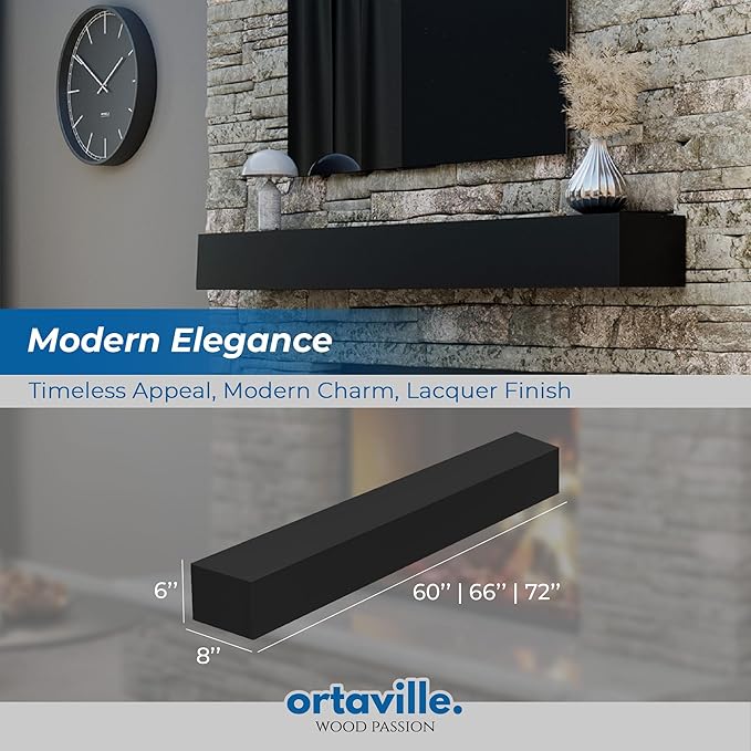 66" Floating Mantel Shelf - Modern White Fireplace Mantel with Matte Lacquer Finish for Living Room Elegance (66", Black)