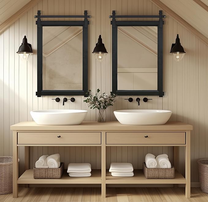 Rustic Barn Door Mirror: 24"x36" Black Farmhouse Wood Frame - Wall Mirror for Entryway/Bathroom/Living Room Wall Decor