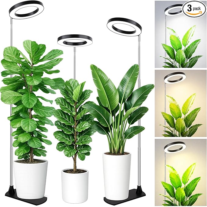 LBW Grow Lights for Indoor Plants, 6.3" Full Spectrum Plant Light with Base, 59" Height Adjustable Grow Lamp, 6/8/12/16H Auto Timer, 3 Colors, 5 Dimmable Levels, for Tall Large Plants, Black, 3 Pack
