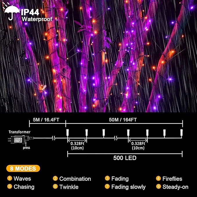 kemooie 500 LED Halloween Lights, 164FT 8 Lighting Modes Plug in Waterproof Fairy Lights for Outdoor Tree Party Garden Balcony Halloween Decorations (Purple and Orange)