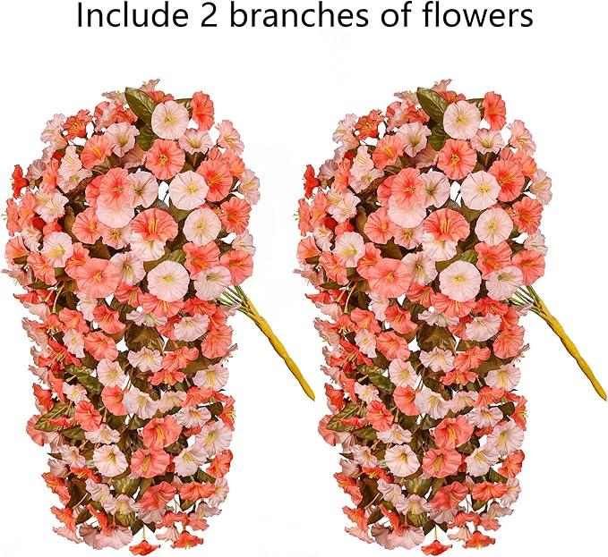 Artificial Fake Fall Mums Hanging Flowers Plants for Outdoor Decoration, 2 PCS Faux Silk Morning Glory Trailing Vines UV Resistant for Wall Home Porch Patio Party Decor (Fall Orange and Light Orange)