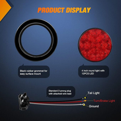 Nilight 4Inch Round Trailer Tail Light with flush Mount Grommets Plugs w/Mounting Brackets 2PCS Red Waterproof Stop Brake Turn Lights for RV Truck