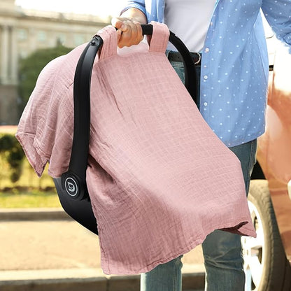 Meracorallo Muslin Baby Car Seat Cover, Lightweight Breathable Soft Infant Carrier Cover Carseat Canopy for Baby Boys and Girls, Pink