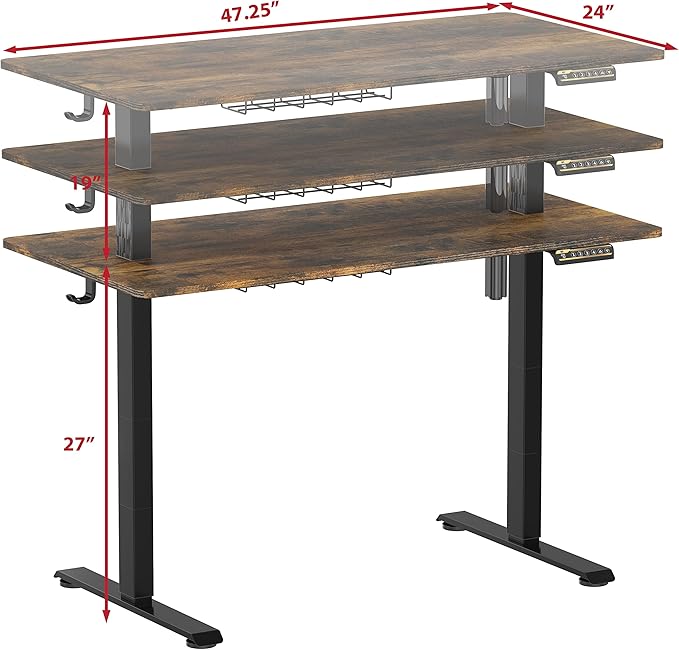 SHW 48-Inch Electric Height Adjustable Sit to Stand Desk with Hanging Hooks and Cable Management, Black Frame and Rustic Brown Top