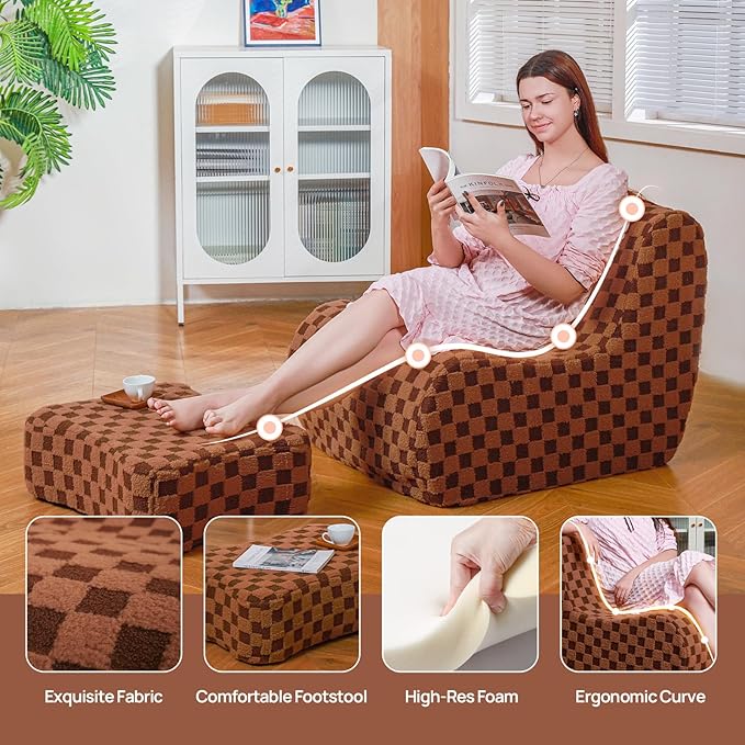 Giant Bean Bag Chair for Adults with Ottoman, Teddy Fabric Beanbag Chair with Memory Foam Filled,Plush Lazy Floor Sofa with Footstool Couch for Living Room,Bedroom,Dorm, Apartment, Brown