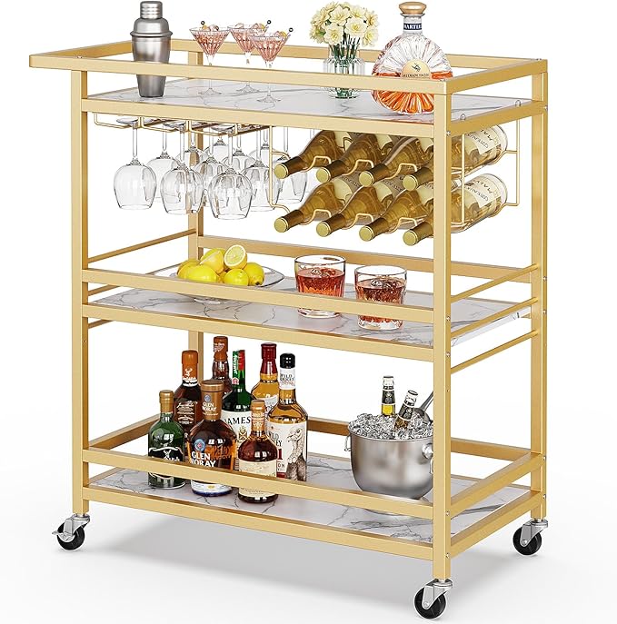 Leteuke Bar Cart for Home, 3 Tier Gold Serving Rolling Carts with Wheels, Drink Cart, Liquor Stand with Marbled Wooden Shelves, Wine Rack and Glass Holder for Kitchen, Dining Room