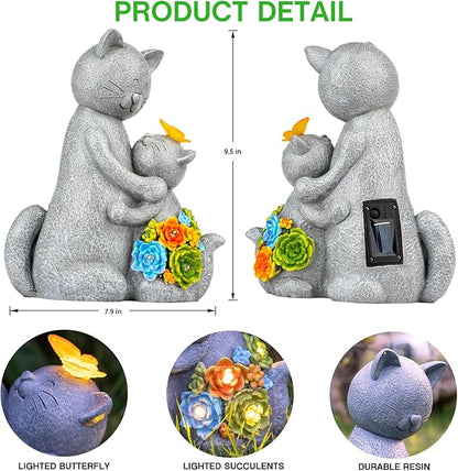 Solar Garden Statues Loving Cat Figurine Lights for Outside, Yard Decorations Outdoor, Garden Decor Unique Mothers Day Birthday Housewarming Gifts for Mom, Women