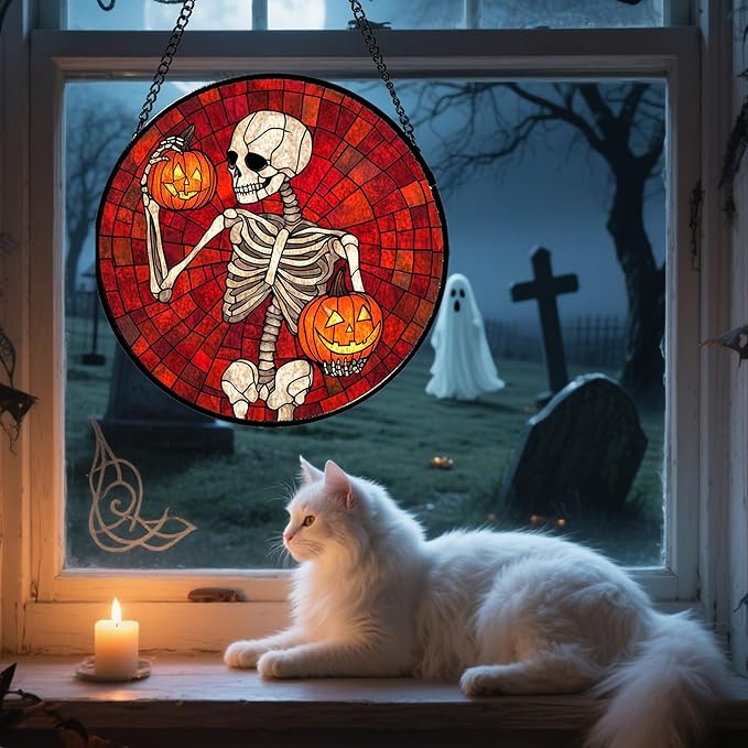 Stained Glass Window Hanging - Halloween Decorations Skeleton Pumpkin Suncatcher for Doors Garden Indoor Spooky Funny Sun Catchers Gothic Decor Horror Gifts for Women Men Friend 7.8 in