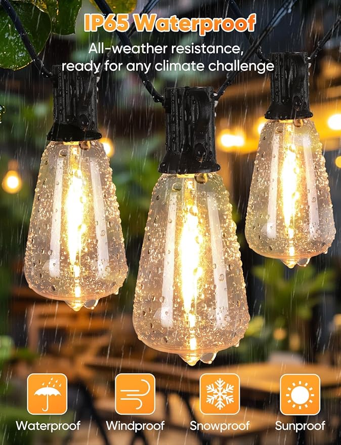 Brightever 180FT LED String Lights with Remote Control, 2700K/4000K/5000K Selectable Outdoor Patio Lights with 56 Shatterproof ST38 Edison Bulbs, 3 Modes Dimmable Outside Light for Yard, Porch