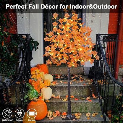 LIGHTSHARE 6FT 120LED Artificial Lighted Maple Tree Warm White Fall Decorations Indoor Ourdoor, Orange