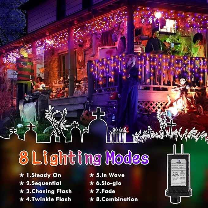 KNONEW Orange Purple Halloween Lights 33FT 400 LED String Lights Outdoor with 75 Drops, 8 Lighting Modes, Timer Memory Function Connectable Hanging Curtain Lights for Halloween Party Decor