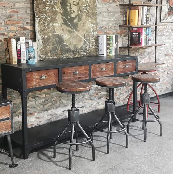 Diwhy Industrial Vintage Kitchen Counter Height Adjustable bar Stool,Farmhouse French Stylish Kitchen Stool,Swivel Bar Stool,Solid Wood Metal Stool,Easy Installation,Fully Welded Set of 2 (Silver)