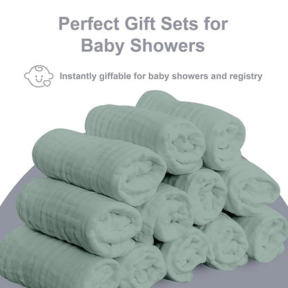 SWEET DOLPHIN 12 Pack Baby Muslin Washcloths - Soft Face Cloths for Newborn, Absorbent Bath Wash Cloths, Wipes, Burp Rag - Toddlers Essentials Stuff, Baby Registry as Shower -10"x10", Green