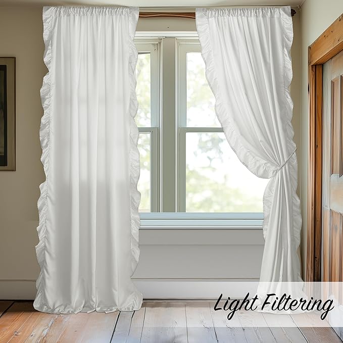StangH Cottage Ruffle Curtains 96 Inch, Luxurious Satin Shabby Chic Drapery for High Ceiling, Light Filtering Privacy Window Coverings for Living Room/Backdrop, White, W52 x L96, 2 Panels