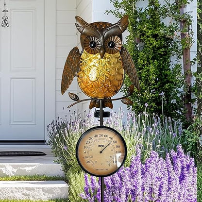 HONGLAND Solar Outdoor Temp Stakes Outdoor Thermometers for Outside Metal Owl Waterproof Patio Lawn Temperature with Solar Warm LED Lights for Yard and Garden, Holiday Gifts for Man Woman