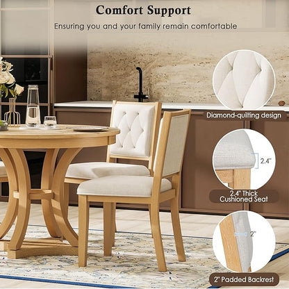Merax 5-Piece Extendable Round Dining Table Set 42"-58" Retro Functional Table and 4 Upholstered Chairs for Dining Room and Living Room (Natural)