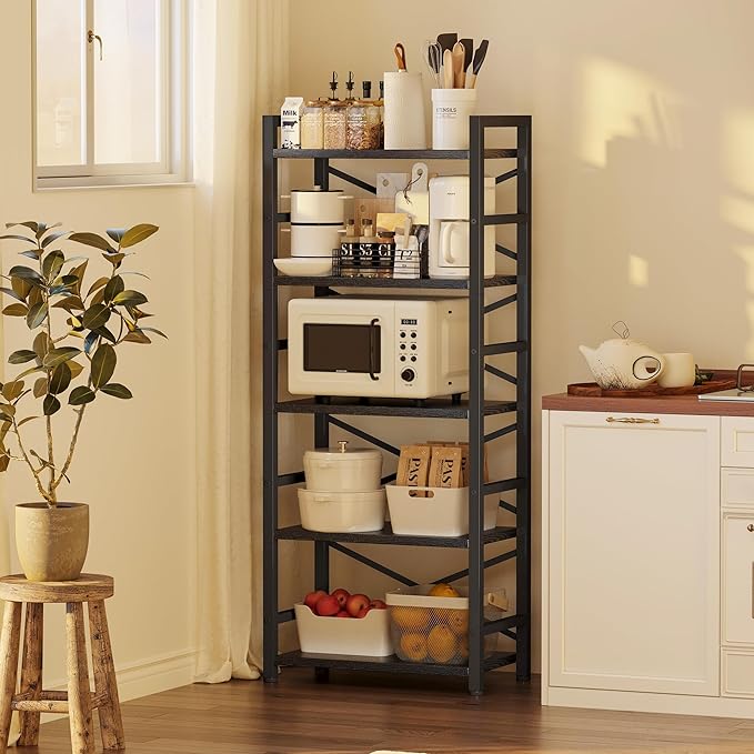 Homeiju Organization and Storage,Tall Bookcase with Shelves, Wood and Metal Book Shelf Storage Organizer, Industrial Display Standing Shelf Unit for Bedroom, Living Room, Black
