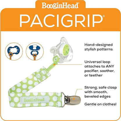 BooginHead Baby Newborn PaciGrip Pacifier Clip, Delicate Dot Polka Dots, Green/White