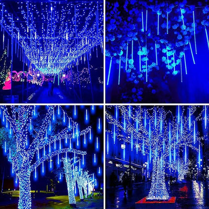Adecorty Outdoor Christmas Lights Meteor Shower Light UL Certified 8 Tubes 192 LED Snow Falling Rain Drop Light Dripping Icicle String Lights for Christmas Tree Decorations Xmas Wedding Party, Blue