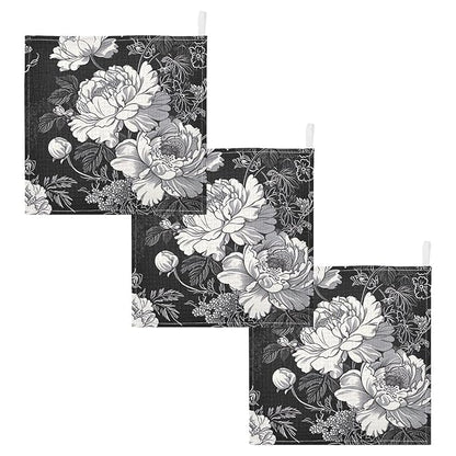 White Flowers Black Baby Washcloths - 3 Pack Muslin Cotton Face Towels for Baby Newborn Girls and Boys - Soft and Absorbent - 11.8 Inch