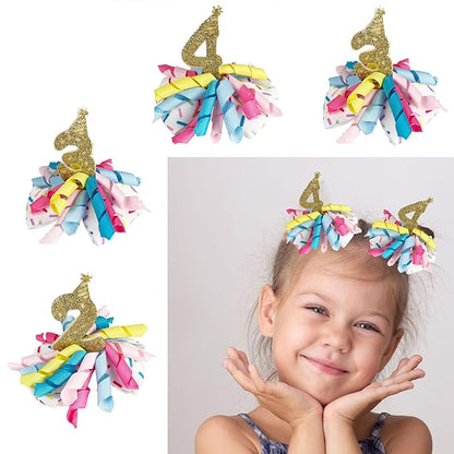 Birthday Hair Clips for Baby Girls - 2Pc Curly Ribbon with Gold Number Bow Hair Clips for 4th Birthday Baby Bow Party Decorations for Girls Toddlers Hair Accessories (Gold Number- 4 Years)