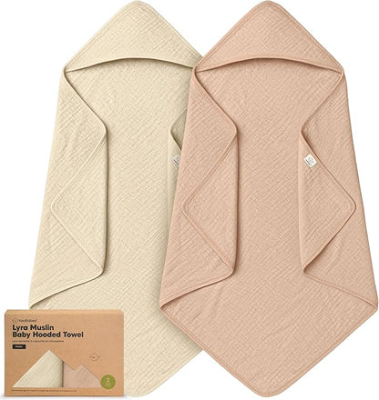 KeaBabies Muslin Hooded Baby Towels for Newborn Girls, Boys - 2-Pack, 30x30 Organic Cotton Baby Bath Towels Hooded, Soft Absorbent, Toddlers, Kids, Infant, Newborn Bath Essentials (Almond, Petite)