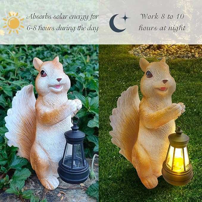 Solar Garden Statues Squirrel Decor - Resin Outdoor/Indoor Squirrel Sculpture Garden Lights Statue Decoration for Patio Home Yard Lawn, Unique Garden Figurine Lights Gift for Mom Grandma