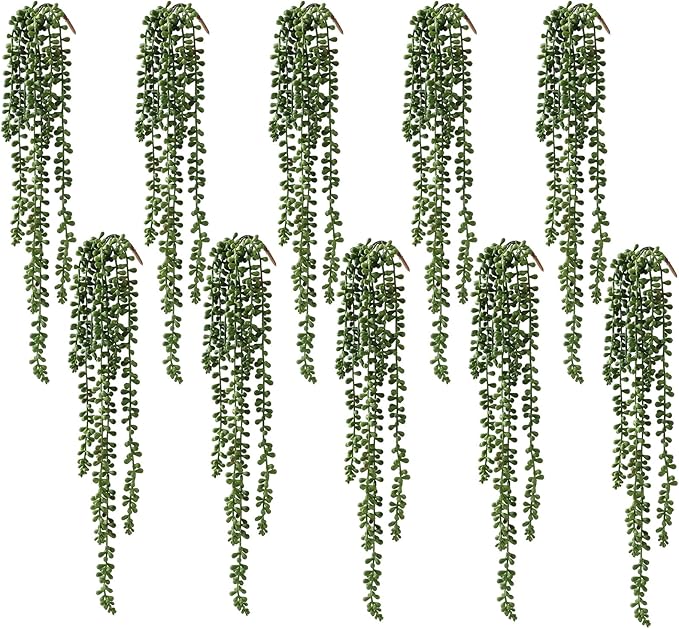 10 Pcs Artificial Succulents Hanging Plants, Fake String of Pearls Greenery Plants, Decoration for Wall Home Backdrop Garden Windows Balcony Indoor and Outdoor (10PCS Green)