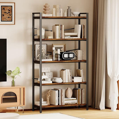 5 Tier Bookshelf 31.49" Width, Tall Book Shelf Storage and Organization, Wooden and Metal Industrial Bookcase, Large Book Shelves for Home Living Room Bedroom Office Storage(Vintage)