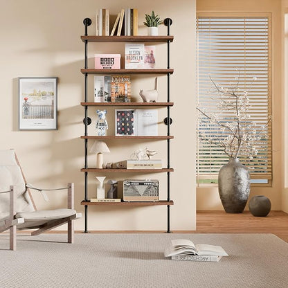 6 Tier Industrial Ladder Shelf Bookcase, Wall Mounted Rustic Bookshelf for Living Room Decor and Storage (Walnut Color, 6 Tier - 10" D x 36" W x 82.5" H)