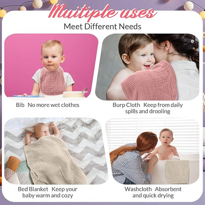Hahafelt 6 Pcs Muslin Hooded Bath Towels Washcloths and Bibs Set, Muslin Cotton Baby Towels Absorbent Hooded Blanket Towel Infant Bibs for Boys Girls Newborn Infant Essential(Pink, Brown)