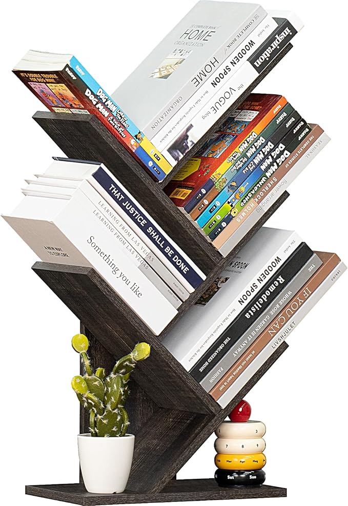 5 Tier Tree Book Shelf, Small Desktop Bookshelf with Storage Organizer, Wood Bookcase, Desk Display Bookshelves, Floor Standing Organizer Bookcases for Living Room,Bedroom,Office-Dark Grey