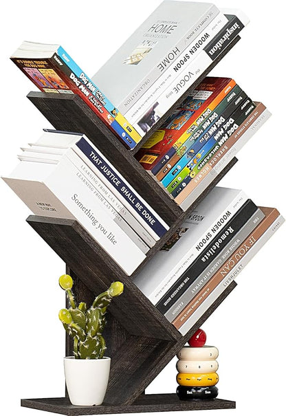 5 Tier Tree Book Shelf, Small Desktop Bookshelf with Storage Organizer, Wood Bookcase, Desk Display Bookshelves, Floor Standing Organizer Bookcases for Living Room,Bedroom,Office-Dark Grey