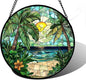 Stained Glass Window Hanging, Green Beach Scenery Suncatcher Diamond Glass Panel Hangings Sun Catchers Decor for Birthday for Women, Men, Wife, Aunt, and Mom 11.8x11.8 in