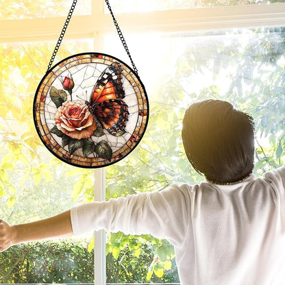 Stained Glass Window Hanging, Butterfly Picking Flowers Suncatcher for Doors Home Sun Catchers Decoration and Christmas, Mother's Day Birthday Gifts for Women, Men, and Mom 7.8 in